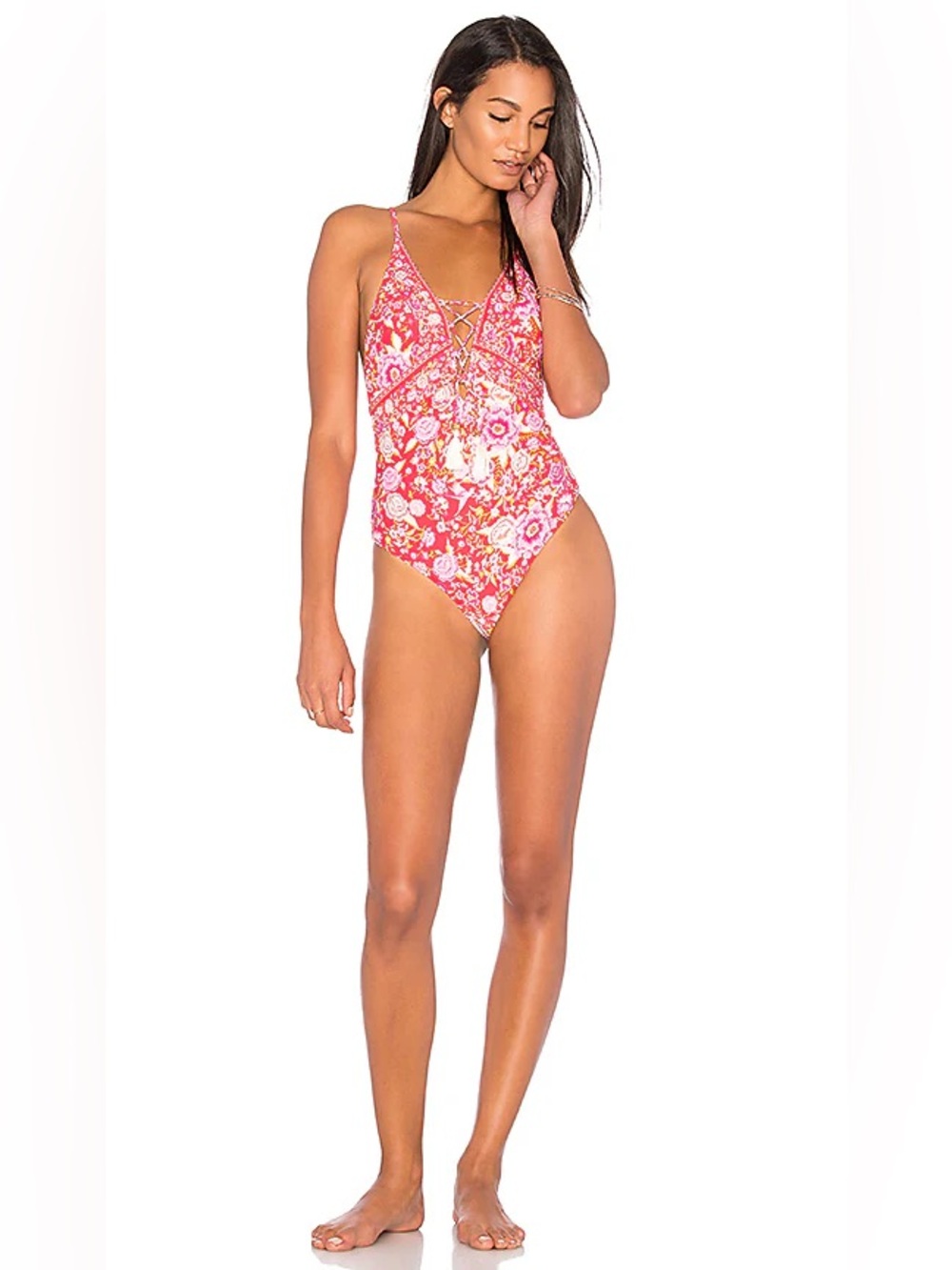 Spell Babushka Floral Lace-Up One-Piece Swimsuit in Pink and White